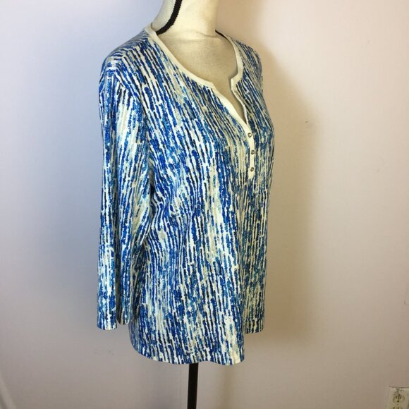 Karen Scott Blouse Shirt Top Sz PXL Womans Petite Blue White Printed 3/4 Sleeve - Picture 2 of 13